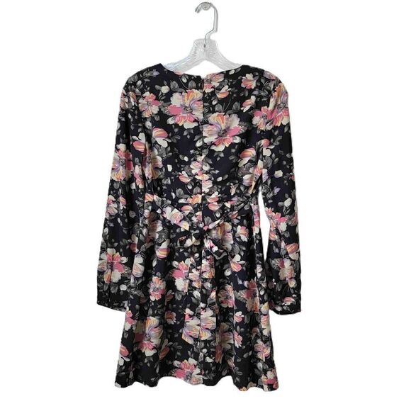 Forever 21 Black Floral Print Long Sleeve A Line Dress Tie Back Size Small - Picture 2 of 8
